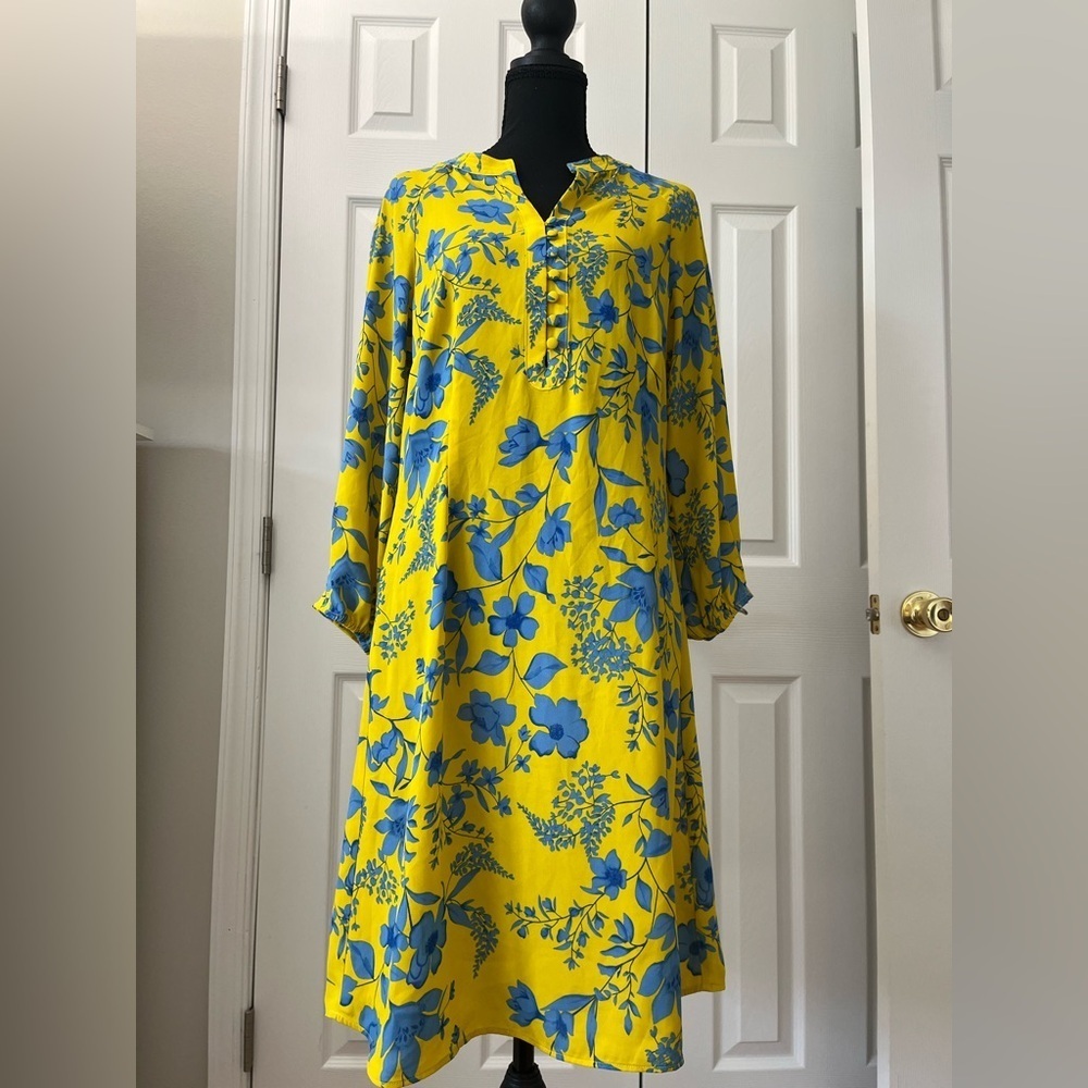 Cabi Yellow Blue Floral Tunic Dress Size Small EUC